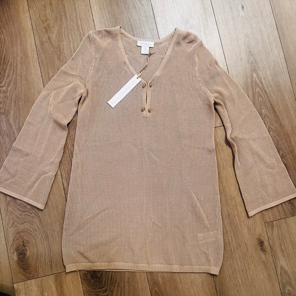 House of Harlow 1960 Tan Open Knit V-Neck Bell Sleeve Sweater Top NWT XS - Picture 3 of 8